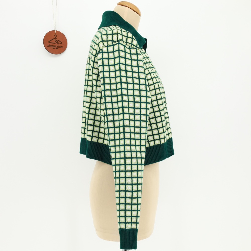 A Lot Studio Green Grid Cropped Varsity Cardigan Sweater Letterman Patch Medium - Picture 2 of 12